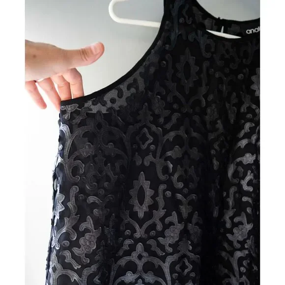 Analili "Leather" Laser Cut Out Detailed Edgy Black Tank Top Blouse L - Picture 8 of 12
